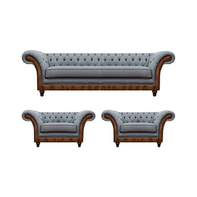 Chesterfield Grau-Braune Sofagarnitur Designer 2x Sessel Edler Dreisitzer