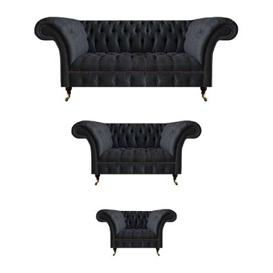 Chesterfield Textilgarnitur Schwarze Polstercouchen Wohnzimmer 3tlg Set