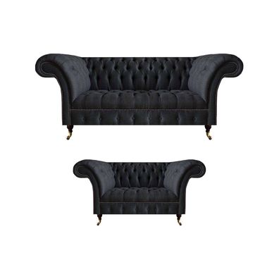 Schwarze Chesterfield Sitzgruppe Moderne Wohnzimmer Couchgarnitur 2tlg