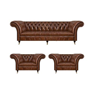 Braune Chesterfield Ledercouch Designer Ledersessel 3tlg Wohnzimmer Set