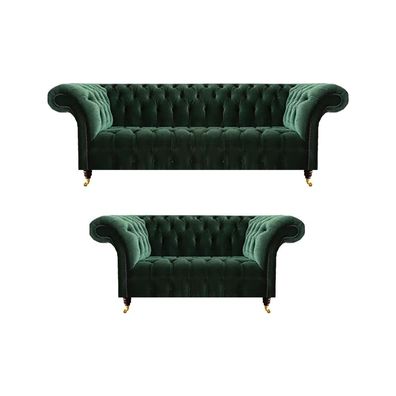 Dunkelgrüne Chesterfield Sofas Moderner Dreisitzer Polster Couch 2tlg