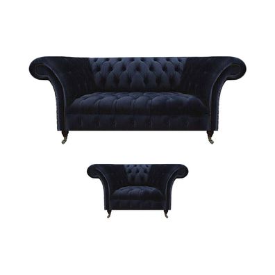 Dunkelblaue Chesterfield Wohnzimmer Garnitur Lehnsessel 3-Sitzer 2tlg
