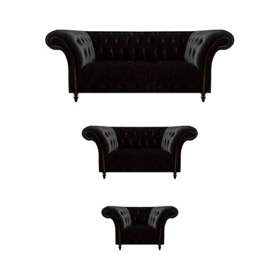 Schicke Schwarze Polstersofas Chesterfield Garnitur 3-Sitzer Lehnsessel