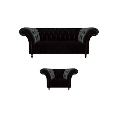 Schwarze Wohnzimmer Chesterfield Garnitur Designer Dreisitzer 2-Sitzer