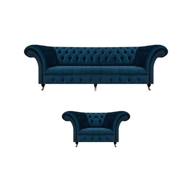 Luxus Chesterfield Blaue Stoffgarnitur Edle 3-Sitzer Couch Lehnsessel