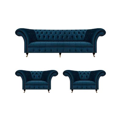 Blaue Chesterfield 2x Sessel Wohnzimmer Dreisitzer Polster Couch 3tlg