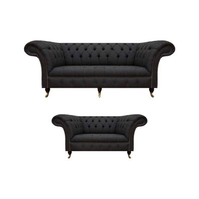 Komplett Schwarze Chesterfield Garnitur Designer Dreisitzer Moderner 2-er