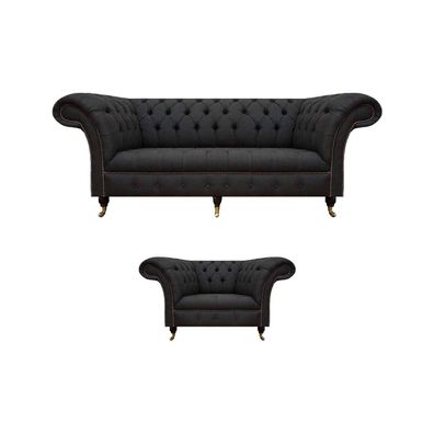 Chesterfield Schwarze Stoffgarnitur Designer 3-Sitzer Polstersessel 2tlg