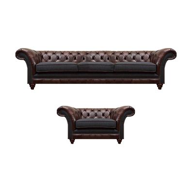 Chesterfield Braune Ledersofa Garnitur Dreisitzer Edler Polster Sessel