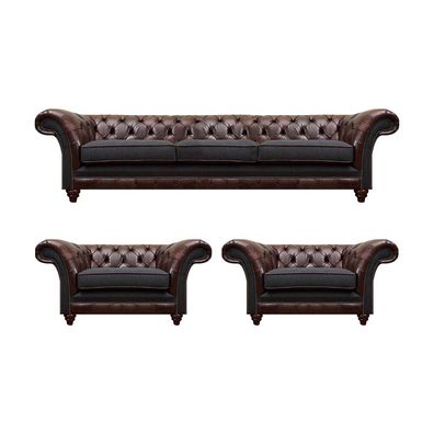Braun-Graue Chesterfield Sitzgarnitur 2x Ledersessel Dreisitzer 3tlg Set