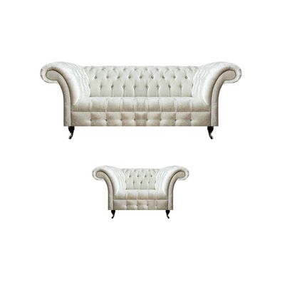 Moderne Chesterfield Weiße Stoffcouch Exklusiver Wohnzimmer Sessel 2tlg