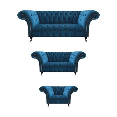 Chesterfield Blaue Polstergarnitur Wohnzimmer Sofagarnitur 3-Sitzer 3tlg