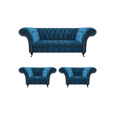 Designer Blaue Chesterfield Polstermöbel Wohnzimmer Couch 2x Sessel 3tlg