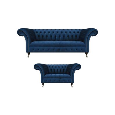 Edle Chesterfield Sofagarnitur Designer Blauer Dreisitzer Polster 2-er