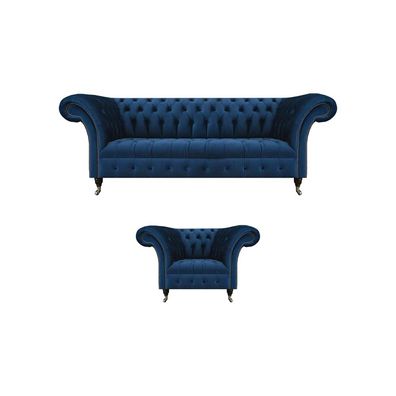Blaue Chesterfield Garnitur Designer Dreisitzer Stoffsessel 2tlg Möbel