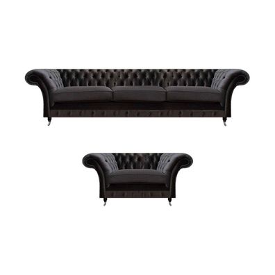 Edle Schwarze Chesterfield Garnitur Moderner Dreisitzer Textil Sessel