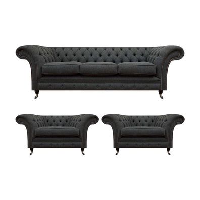 Wohnzimmer Chesterfield Couchen Schwarzer Dreisitzer 2x Sessel 3tlg Set
