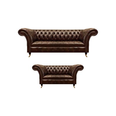 Chesterfield Braune Ledersofas Edle Wohnzimmer Couchen 2tlg Garnitur