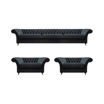 Schwarze Chesterfield Polstergarnitur Moderne Sitzmöbel Stoffsessel 3tlg