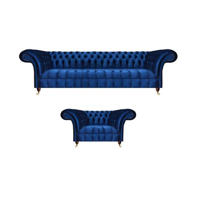 Wohnzimmer Sofagarnitur Textil Sessel Blau Sofa Dreisitze Couch Chesterfield
