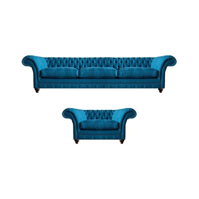 Blau Sofa Dreisitze Polstermöbel Couch Textil Sessel Chesterfield Einrichtung
