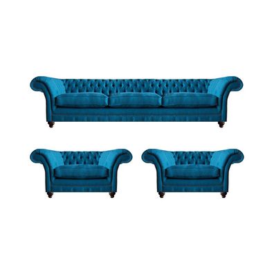 Polstermöbel Blau Sofagarnitur Textil Sitz Möbel Chesterfield Set Einrichtung