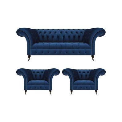 Wohnzimmer Set 3tlg Luxus Garnitur Chesterfield Blau Polstersitz Chesterfield