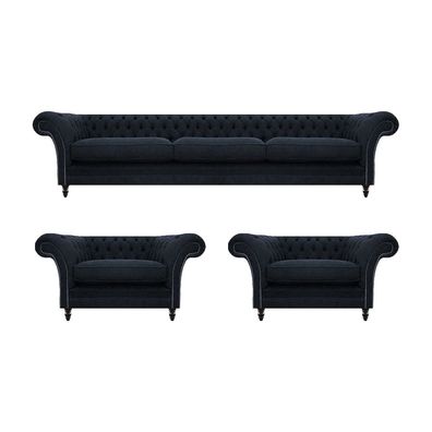 Blau Sofagarnitur 3tlg 2x Sessel Sofa Dreisitze Couch Einrichtung Chesterfield