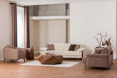 Sofagarnitur 3 + 3 + 1 Sitzer Beige Braun Stoffbezug Holzfüße Skandi Modern Stil