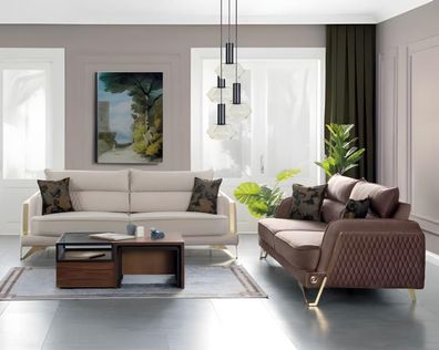 Sofagarnitur 3 + 3 Sitzer Creme Braun Stoffbezug Goldfüße Modern Luxus Design