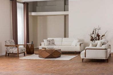 Sofagarnitur 3 + 3 + 1 Sitzer Modern Beigefarben Holzdetails Wohnzimmer Design