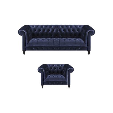 Chesterfield Komplett Sessel Blau Sofa Dreisitze Couch Wohnzimmer Neu