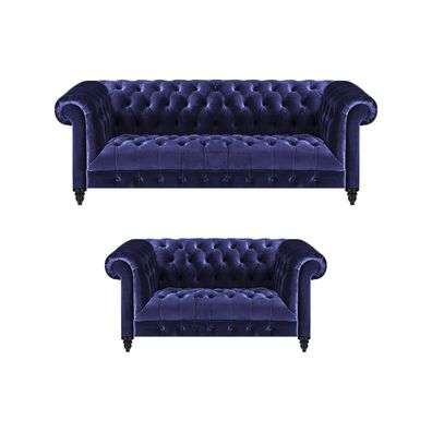 Chesterfield Design Luxus Polster Blau 2x Sofas Couch Sitz Garnitur Wohnzimmer
