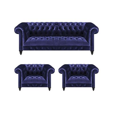 Blau Set 3tlg Chesterfield Komplett Sofa Dreisitze 2x Sessel Wohnzimmer Neu
