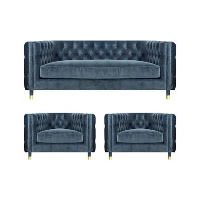 Blau Designer Sofagarnitur 3tlg Modern Textil Chesterfield Wohnzimmer