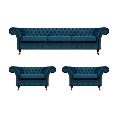 Luxus Blau Wohnzimmer Set Chesterfield Einrichtung Polstermöbel Sofas Textil