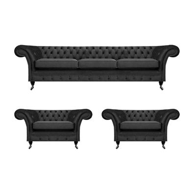 Chesterfield Schwarz Polstermöbel Sofagarnitur Set 3tlg Wohnzimmer 3 + 1 + 1