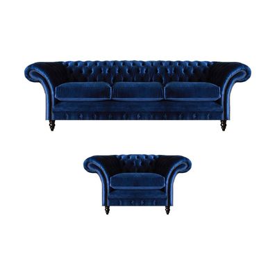 Textil Stoff Design Sofa Polster Couch Blau Dreisitzer Sofa Sessel Chesterfield