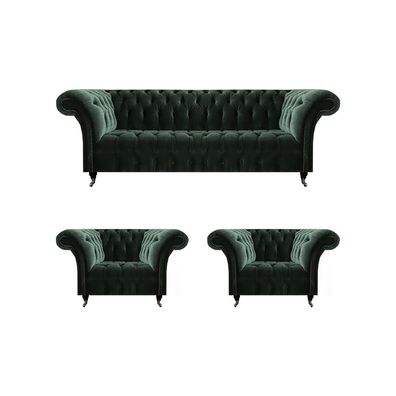 Wohnzimmer Luxus Komplett Schwarz Sofa Dreisitzer Textil 2x Sessel Chesterfield