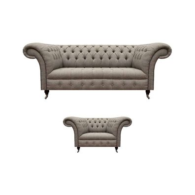 Komplett Wohnzimmer Sofagarnitur Sofa Dreisitzer Textil Sessel Chesterfield