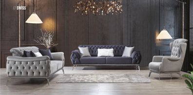 Sofagarnitur 3 + 3 + 1 Sitzer Blau Sessel Luxus Chesterfield Luxus Einrichtung Stoff