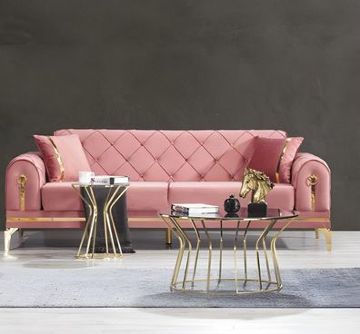 Rosa Chesterfield Textilcouch Designer 3-Sitzer Edelstahl Luxus Möbel