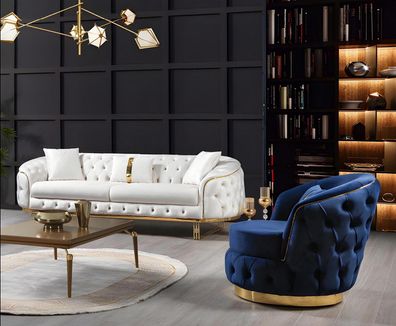 Chesterfield Weiß-Blaue Sofagarnitur Schicker Dreisitzer Moderner Sessel