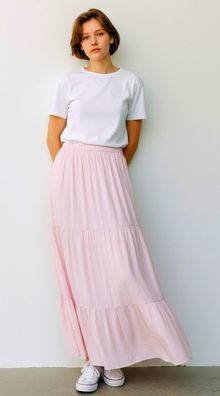 Italy Sommerrock Maxirock Stufenrock 100 % Viskose one size 38-42 zartes Rosa