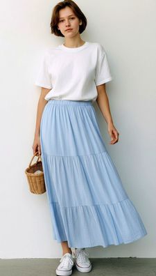 Italy Sommerrock Maxirock Stufenrock 100 % Viskose one size 38-42 Farbe: Hellblau