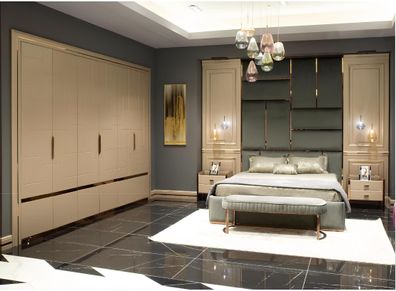 Luxus Garnitur Schlafzimmer Doppelbett Bett Nachttische Set 6tlg Beige