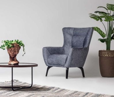 Grau Sessel Ohrensessel Wohnzimmer Stoffsessel Polster Einsitzer Holz