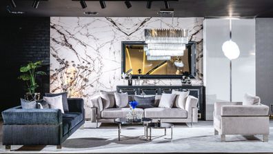 Sofagarnitur 3 + 3 + 1 Anrichte Spiegel Couchtisch Sitzer Garnitur Design