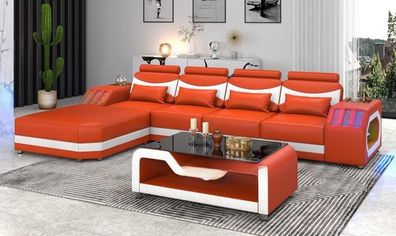 Sofa Ecksofa Ledersofa L Form Couch Sofas Orange Luxus Eckgarnitur LED