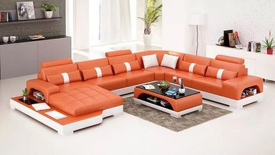 Modernes Sofa Ecksofa UForm Couchtisch Ledersofa Ecksofa Polster Orange Luxus